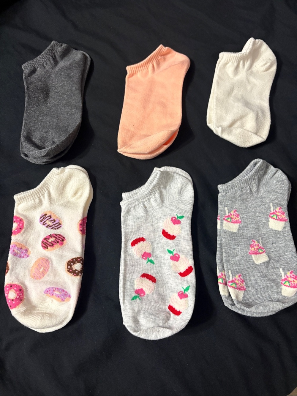 Ankle Sock Pack — Gray, Peach, Cream with Fun Dessert Prints